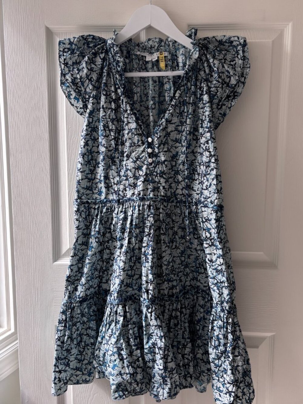Veronica Beard Zee Batik Print Tiered Mini Dress Blue White